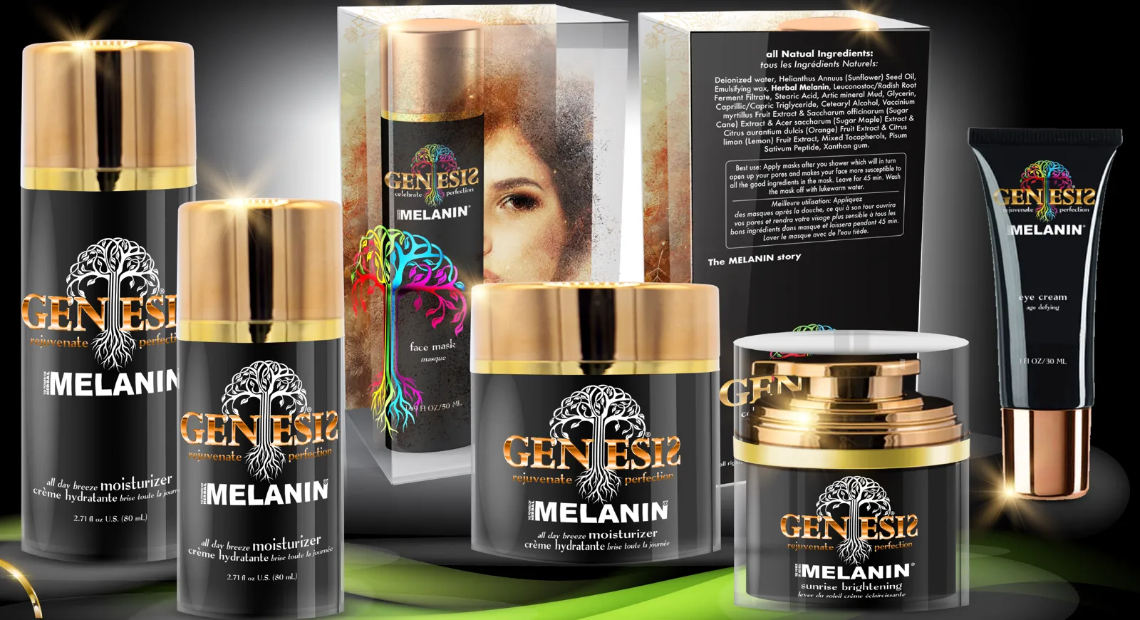 The GENESIS Herbal Melanin collection: all day breeze moisturizer, face mask, sunrise brightening cream and eye cream